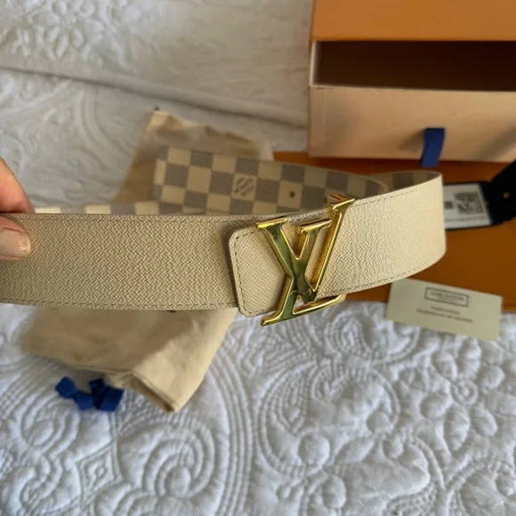 Louis Vuitton Damier Azur Canvas Belt With A Gold Tone Buckle Reversible - Picture 7 of 11